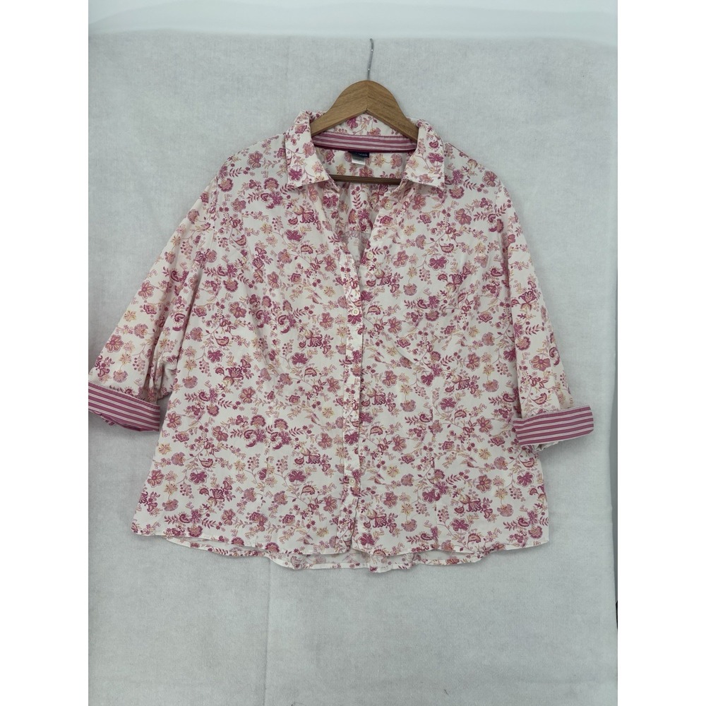 Basic Editions Women 1X Pink Floral Button Up Blouse Stretch 3/4 Sleeve